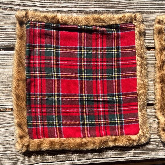Newport Plaid Flannel Fur Trim Pillow Covers Set of 2 | 19x19 Red Cabin Holiday - Picture 4 of 16